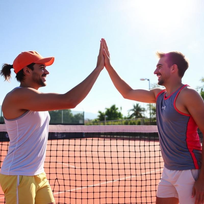 Players high-fiving over the net
